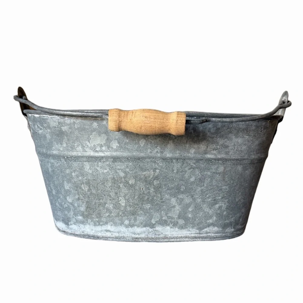 Rustic Galvanized Metal Bucket w/ Wooden Handle Farmhouse Decor